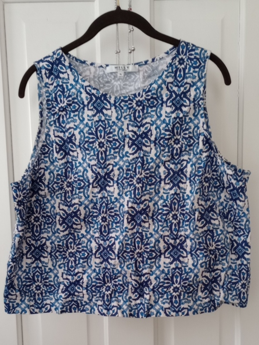 MILLY Blue and White Geometric-Print Cotton Stretch Sleeveless Tank
